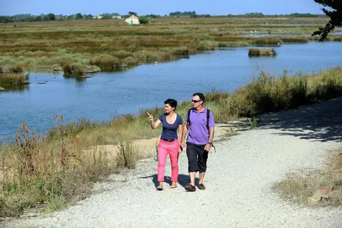 Twee mensen wandelen in de polder van Île de Noirmoutier.