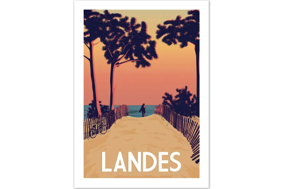 Vintage poster van het strand in Landes, Frankrijk.